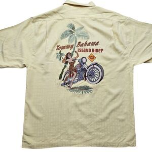 Vintage Tommy Bahama Island Rider Silk Camp Shirt Mens Mediun Yellow Embroidered